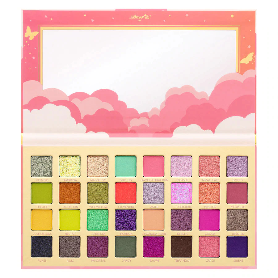 A palette of 32 eyeshadows with a mix of mattes, shimmers, and glitters, featuring a range of colors including nude, bright shimmer, and vibrant hues.