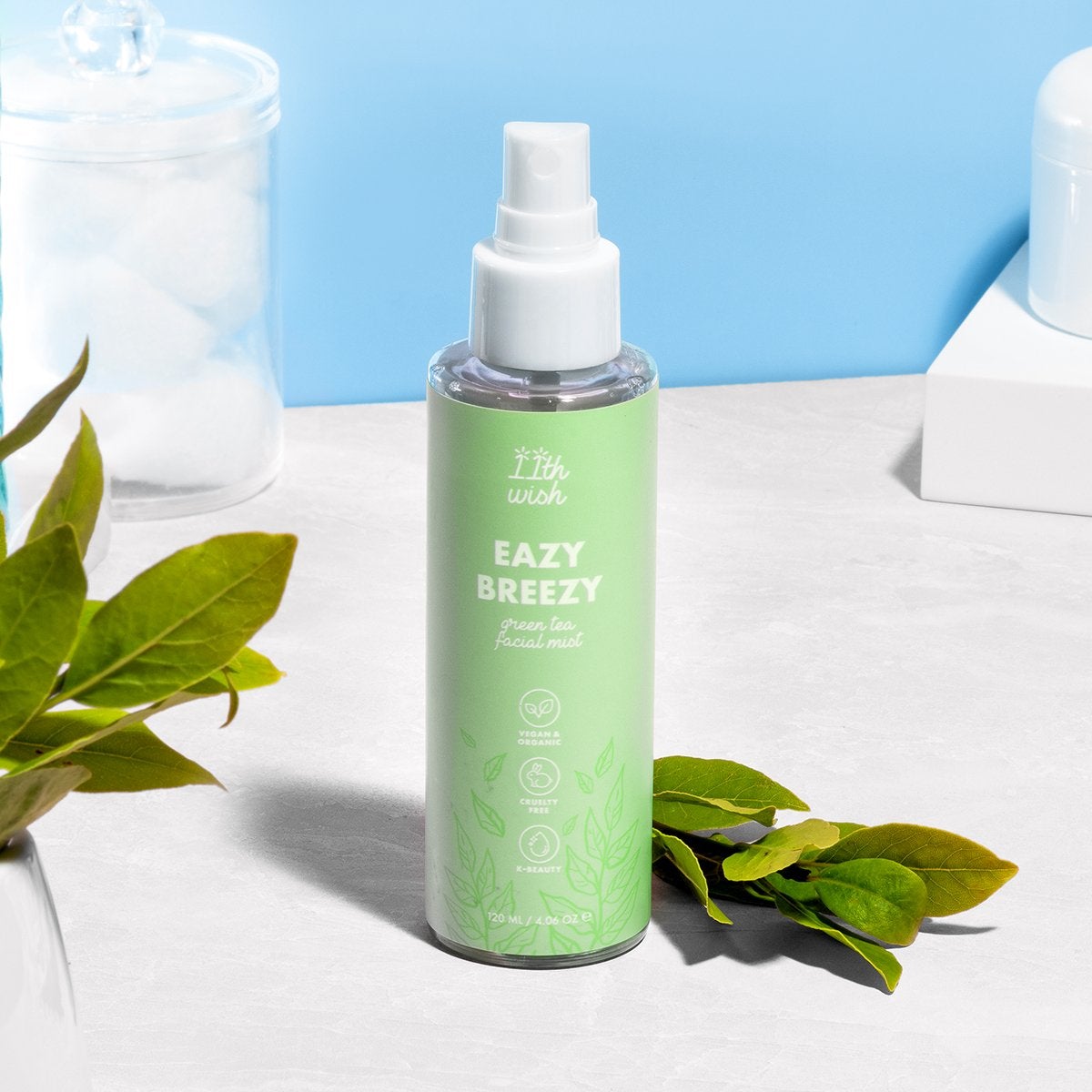 Lightweight green tea facial mist bottle with hydrating spray for all skin types, cruelty-free and vegan.