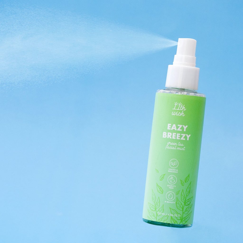 Lightweight green tea facial mist bottle with hydrating spray for all skin types, cruelty-free and vegan.